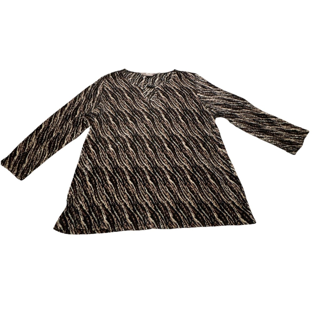 TanJay‎ Petites Womens PS Black Tan Abstract Animal Print Pleated V-Neck Blouse